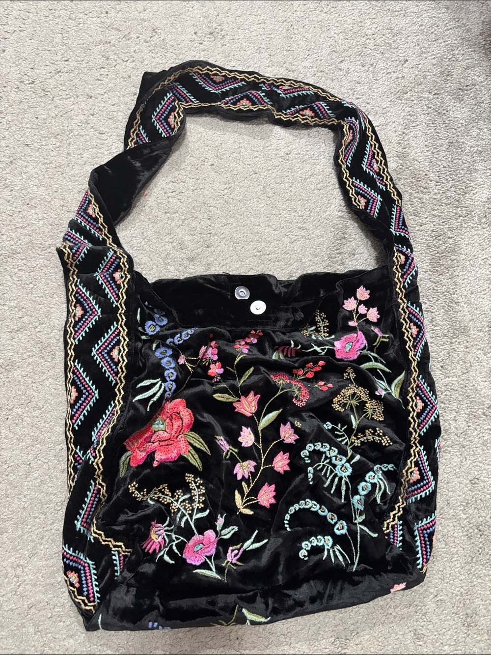 Johnny Was Black Velvet Embroidered Shoulder Bag with Multicolor Florals